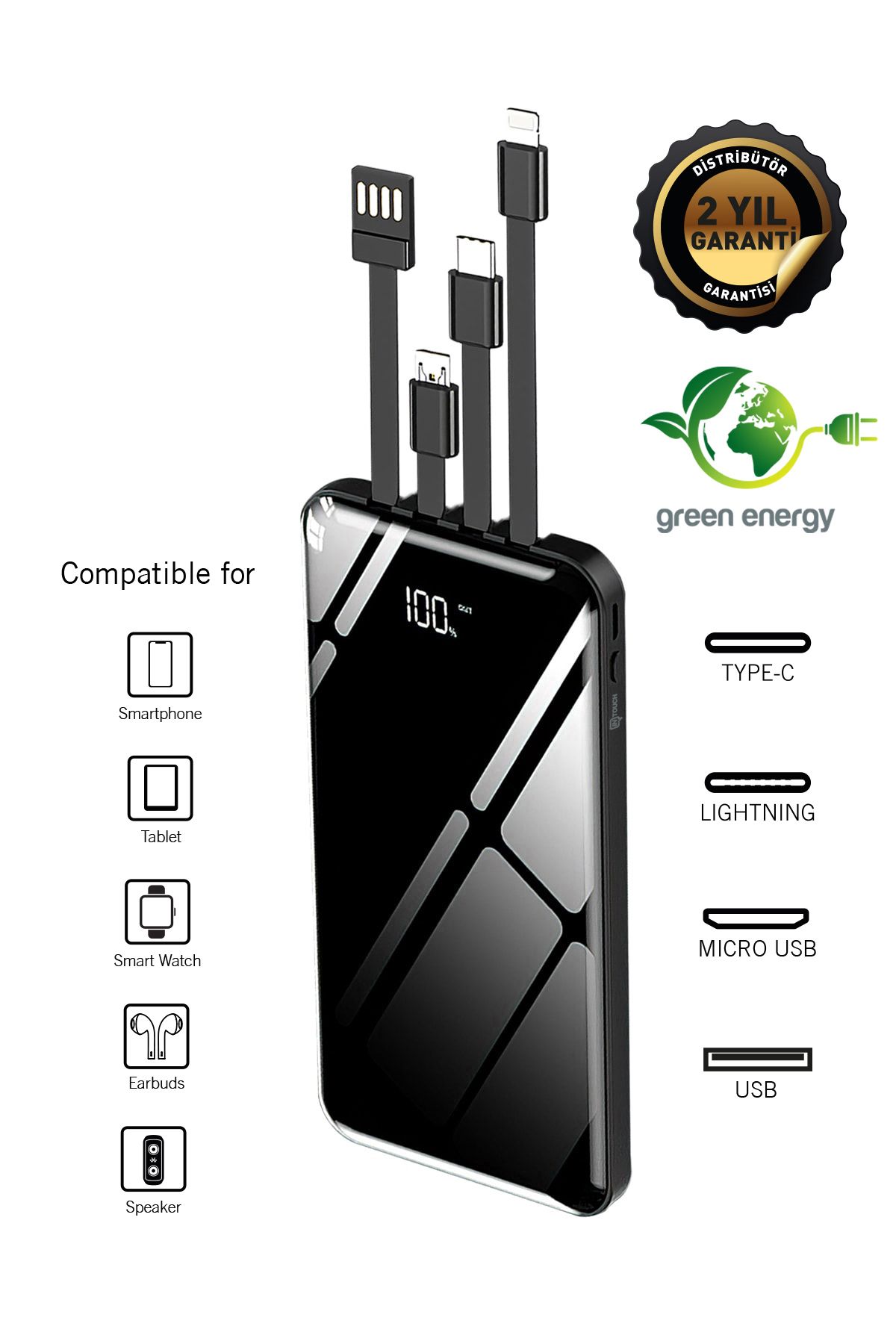 10.000 Mah Prime Dijital Göstergeli Dahili Çoklu Kablolu Powerbank,siyah,taşınabilir Şarj Cihazı