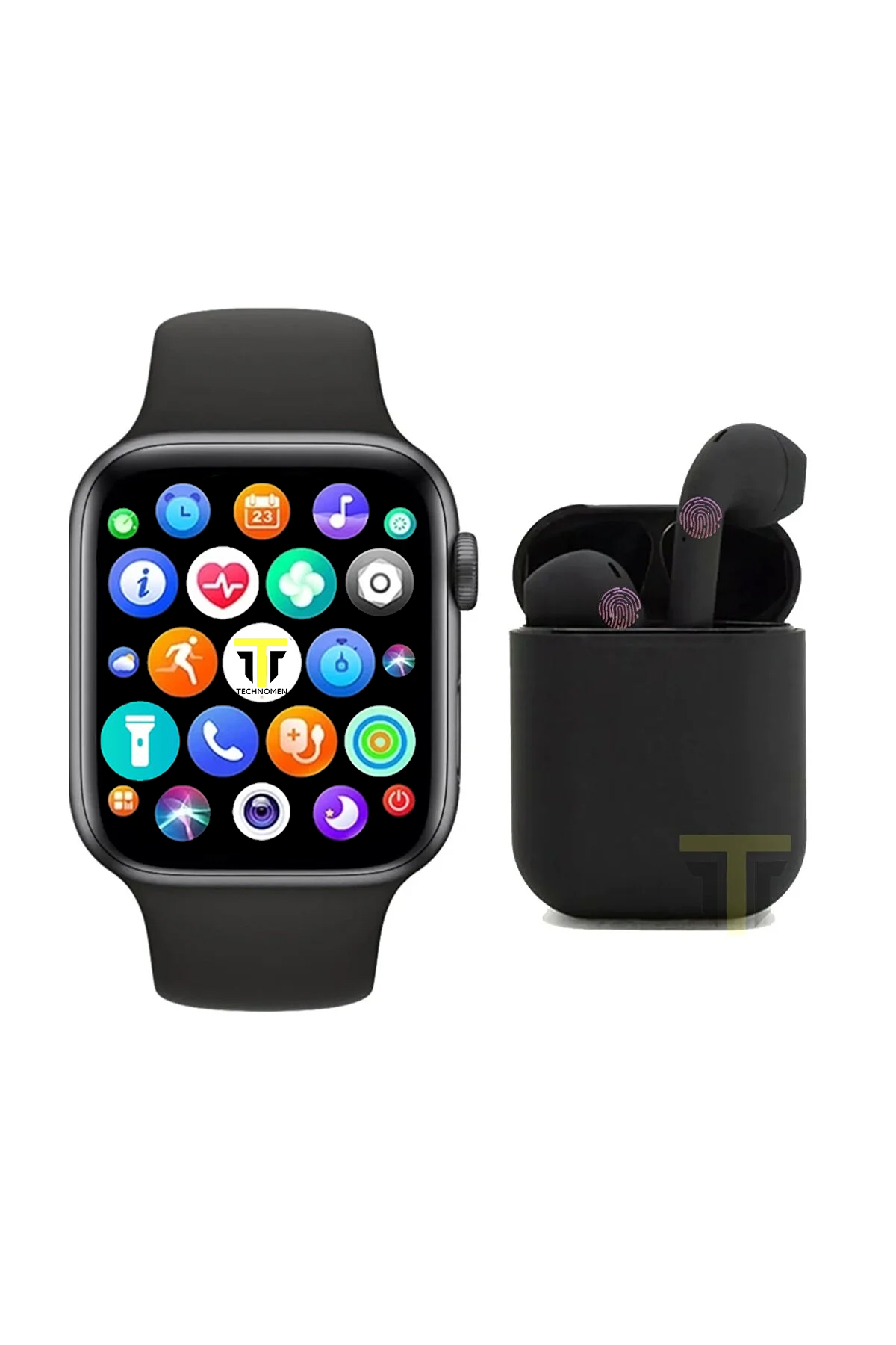 Akıllı Saat Plus +   Kablosuz Kulaklık Ikili Siyah Set Ios Android Smartwatch